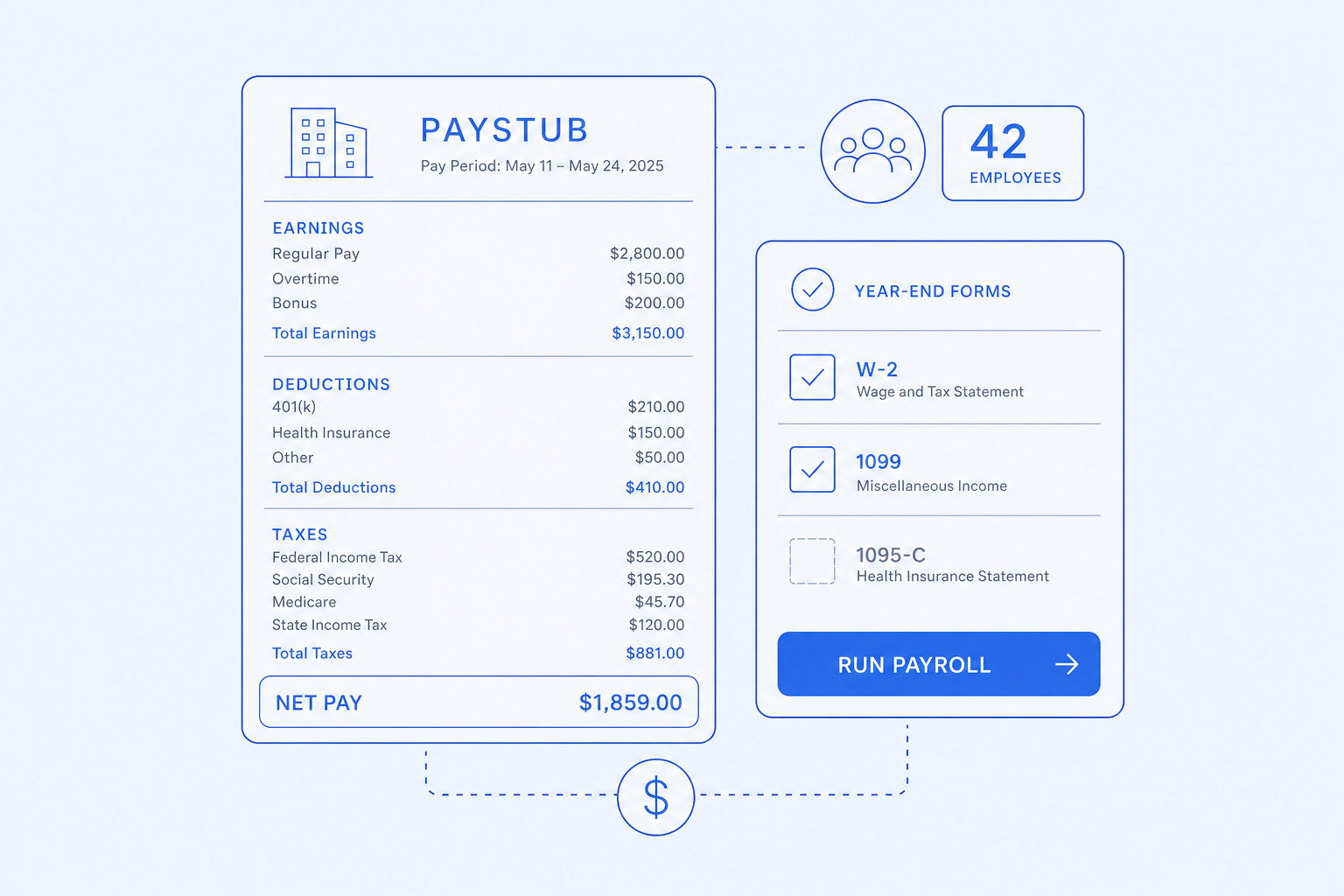 Payroll — Run W-2 and contractor payroll without a spreadsheet.